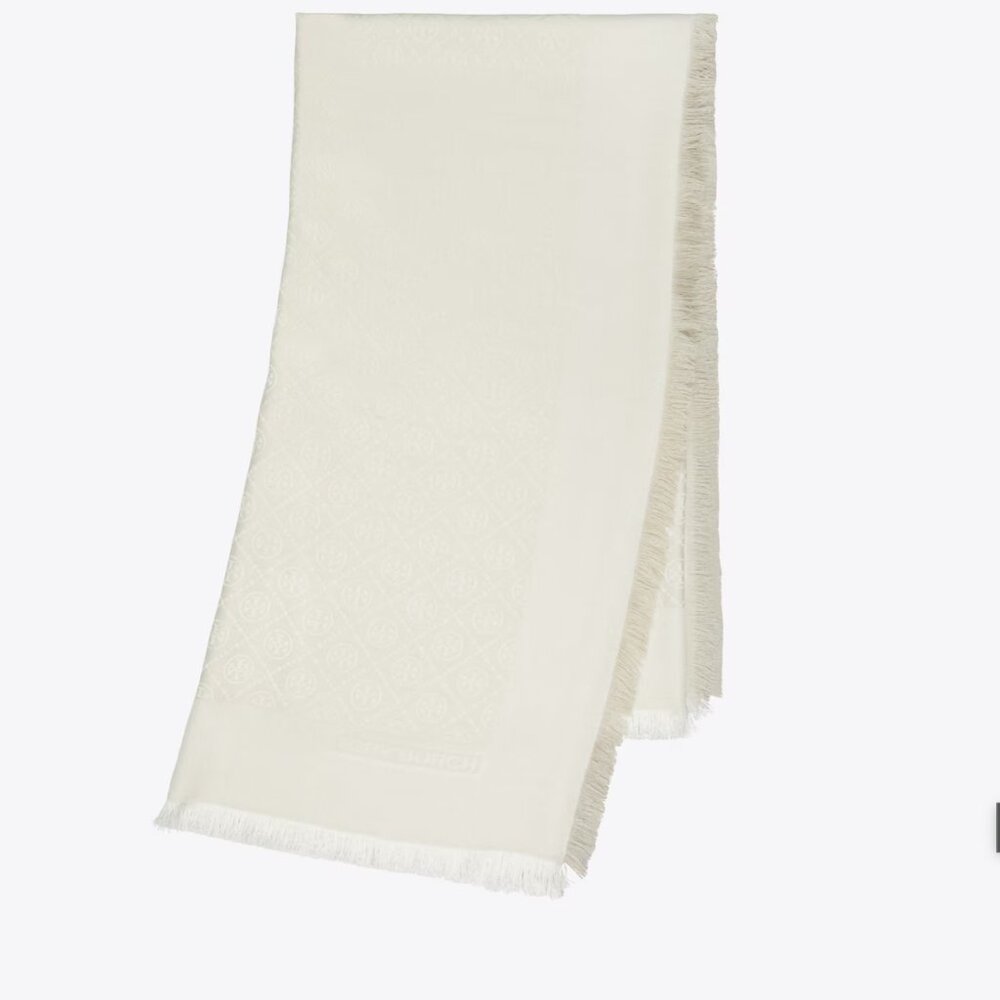 Tory Burch Logo Jacquard Traveler Silk and Wool Scarf in New Ivory - Picture 8 of 9